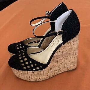 Jessica Simpson Black Crochet 5’7/8”H Buckle High Heels Platform Wedges 7.5
