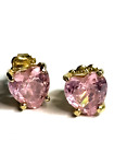 VINTAGE '60s PINK ROSE QUARTZ FACETED HEART SHAPED GOLD TONE STUD EARRINGS