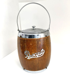 Antique English 1920s Oak Biscuit Barrel Jar Ceramic Interior Chrome Accents 7”