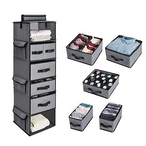 Hanging Shelves Closet Organizers in 6-tiers / 5-drawer Gray Non-woven Fabric