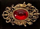 Gold Tone Unique Red Stone Brooch Vintage Jewelry Lot B