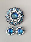 Vintage FLORENZA Brooch & Earring Set, Blue/Green Givre Stone, Faux Pearl!