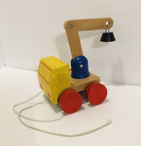 Wooden Truck Pull-Toy w/ Wreaking Ball Goes Up & Down Primary Colors Vintage