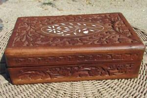 Vintage Hand Carved Wood Hinged Box fm India Floral Pattern 10