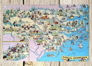 Pictorial map of NORTH CAROLINA state by Ruth Taylor 1935 metal tin sign