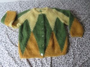 Vtg Womens Mohair Hand Knit Button Cardigan Sweater Sz M YellowTan Green Argyle