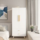 Tall Armoire Wardrobe 2 Door with 2 Drawers Wood Bedroom Closet Cabinet w/ Rod
