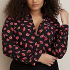 Cato Black Kiss Pink Lips Ruched Women's V Neck Wide End Sleeve Top Medium