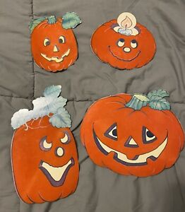 4 Vintage Hallmark Halloween Flocked Pumpkin Die Cut Double Sided Jack O Lantern