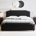 Velvet Upholstered Full Queen Size Bed Frame with Headboard Heavy Duty Platform