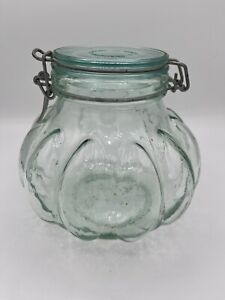 Made In Italy HERMETIC JAR PUMPKIN SHAPED WITH Wire LID VINTAGE LARGE Green Tint