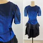 Vintage 80s Blue Black Metallic Shimmer Ruffle Frilly Costume Party Prom Dress S