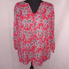 Women's Paisley Top Size L Red Black Roll Tab Sleeve Vneck Sparkles Glittery