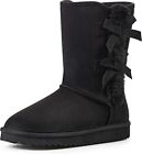 KRABOR Womens Suede Snow Boots Mid-Calf Winter Shoes with Side Bows Black Size 7
