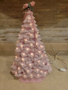 VINTAGE 18” Skinny Pink Irridescent Ceramic Christmas Tree 2 pc.