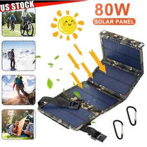 80W USB Solar Panel Folding Power Bank Outdoor Camping Hiking Phone Charger US