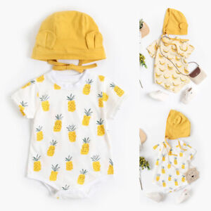 2PCS Newborn Baby Fruit Print Romper Bodysuit+Hat Outfit Set Kids Clothes US