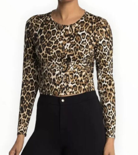 NWT Wayf Leopard Print Crew Neck Long Sleeves Crop Top Tan/Black Size Medium M