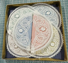 6 Hand Made Brussels Lace Linen COASTERS ROUNDS Gift Boxed-N. TOEBAR-PASTELS