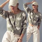 NEW Sage Green Fuzzy Hearts Long Sleeves Button Front Sweater Knit Crop Cardigan