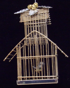 Vtg Dept 56 Christmas Metal Bird Cage Ornament Gold Tone Wire Holly