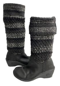 UGG 1935 Cresthaven Sweater Boots Wedge Knee High Black Knit Leather Womens 8