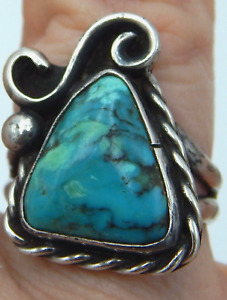 Unique Old Pawn Southwestern Navajo Vintage Sterling Silver Turquoise Ring Sz 7