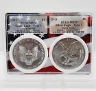 2021 $1 Type 1 and Type 2 Silver Eagle 2 Coin Set PCGS MS70 FS Flag Frame Double
