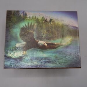 Vintage Cedar Wood Trinket Box Mountain Landscape Eagle Scene 4x3