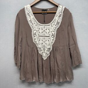 Noelle Womens Embroidered Babydoll Boho Top XL Viscose Drapey Flowy Brown