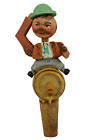 Vtg Anri Carved Wood Animated Mechanical Bottle Stopper Man onBarrel Tipping Hat