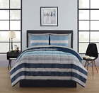 7-Piece King Size Reversible Blue Stripe Bed In a Bag Comforter Set with Sheets