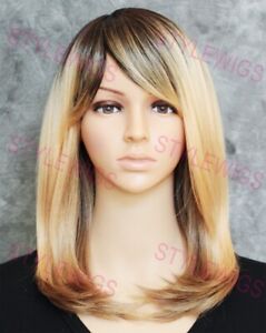 Shoulder Straight Heat OK Human Hair Blend Wig Light Blonde Rooted Ombre EVBD