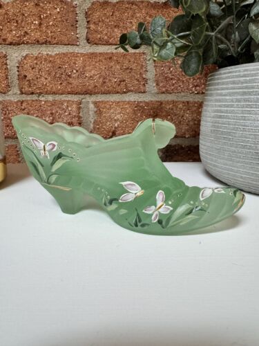 Fenton Signed Green Satin Glass Cat Shoe Slipper Hand Painted 95th Anniversary