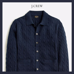 NWT - J. CREW Men 's Cashmere Cable-Knit Polo Cardigan Sweater, Navy Sz XL