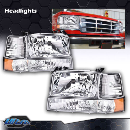 Fit For 92-96 Ford F150 F250 F350 Bronco Headlights w/Corner Signal Bumper Lamps (For: 1996 Ford F-150)