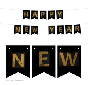 Vintage Happy New Year Eve 2021 Banner Decor Letter Hanging Photo Black Gold HNY