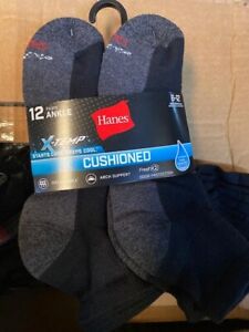 Hanes Cushioned  12 pack X-temp Men’s Ankle Socks, Size 6-12 - Black (9630)(NEW)