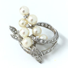 Vintage 0.60Ct Diamond & Pearl Pin Brooch  Flower in 14k White Gold Estate