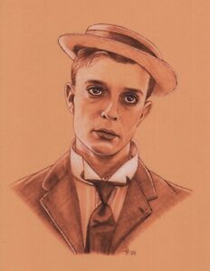 BUSTER KEATON  Original drawing. Sepia and white pencil on toned paper.