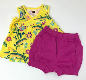 Tea Collection Baby Girls 6-9 Month NWT Bubble Shorts and EUC Yellow Floral Top