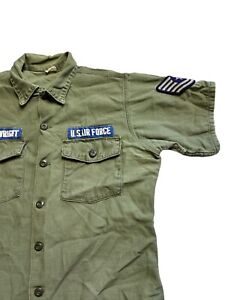 OG 107 OD Sateen Cotton Fatigue Shirt Vietnam War 1960 70s XL USAF Patches