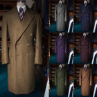 Vintage Wool Men's Long Overcoat With Belt Wide Peak Lapel Business Formal Wear