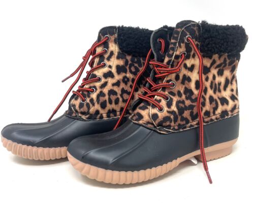 Report Ulrich Faux Shearling Trimmed Duck Snow Rain Boots Leopard Women Size 5.5
