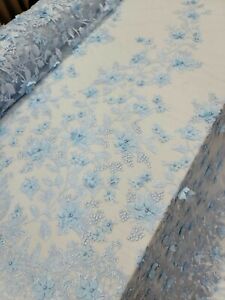 Sky Blue Beaded Lace 3D Floral Flowers Bridal Evening Dress Fabric by The Yard