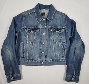 Levi's Cropped Denim Blue Jean Jacket Top Flower Tag Size Large EUC