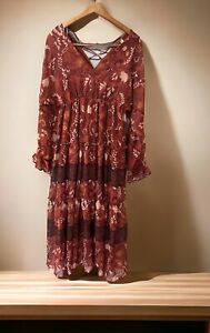 Entro Boho Rust  Floral Printed Maxi Dress Size Large