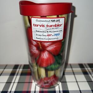 Tropical Red Hibiscus Bamboo Tervis 16oz Insulated Tumbler with Red Lid
