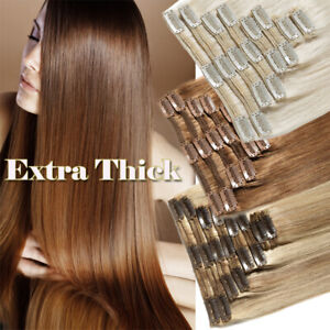 Russian Remy Thick Double Weft Clip In Real Human Hair Extensions Full Head 200G