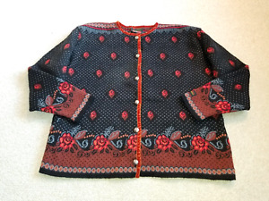 Womens Sweater-GJESTAL of NORWAY-black/orange/blue Norwegian wool cardigan-L